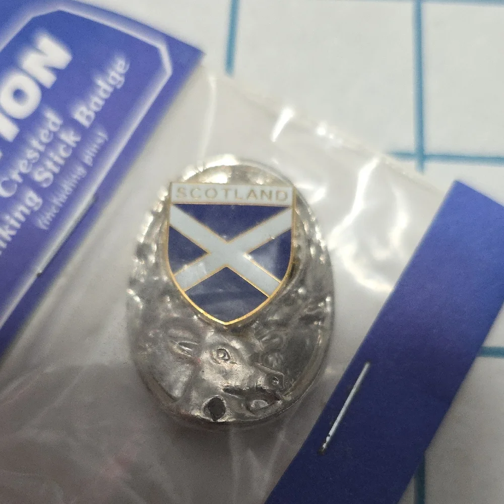Tradition Silver and Blue Scotland Crested Walking Stick Badge NIP w/pinsVintage